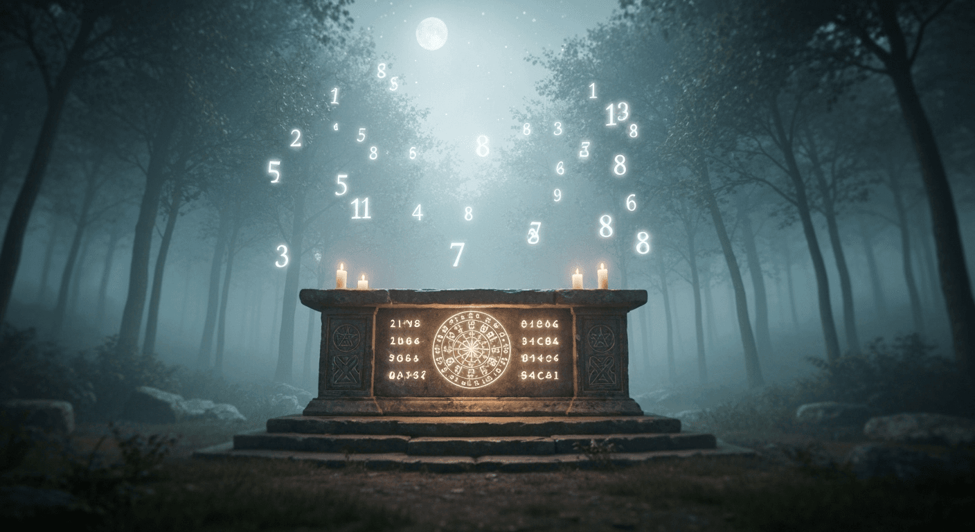 Ancient stone altar with glowing numerological charts. Ancient stone altar with glowing numerological charts.