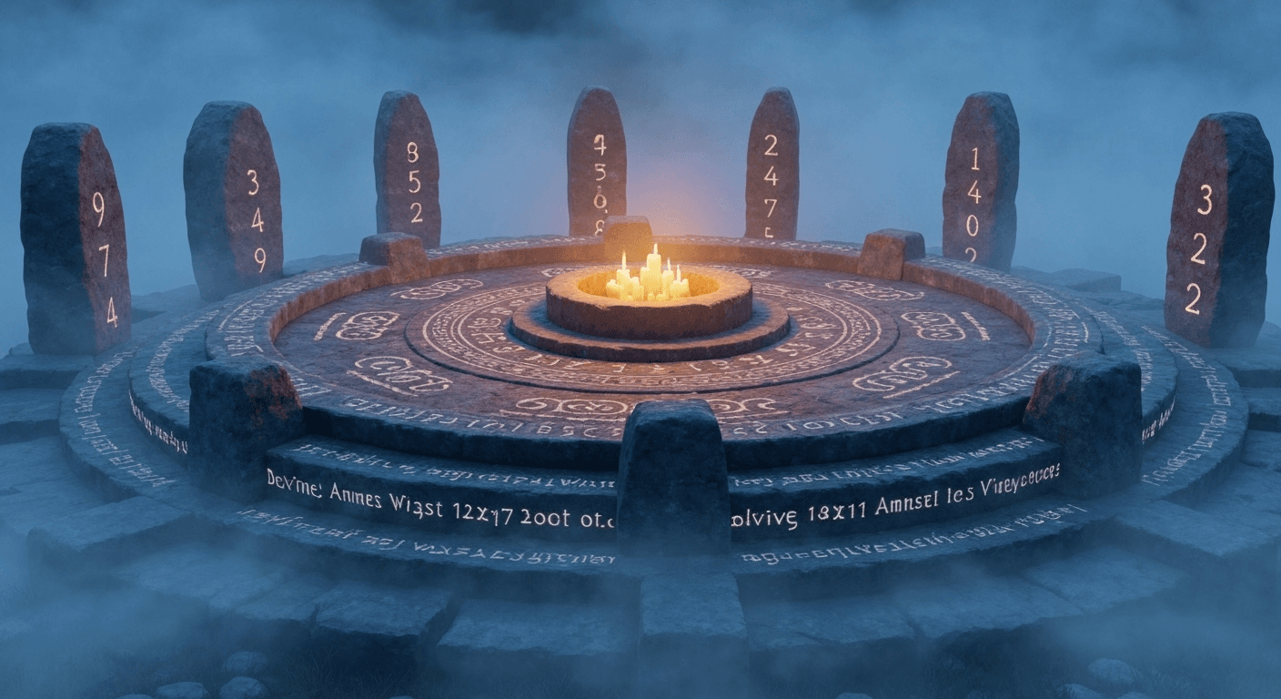 Ancient stone circle with glowing carved numbers. Ancient stone circle with glowing carved numbers.
