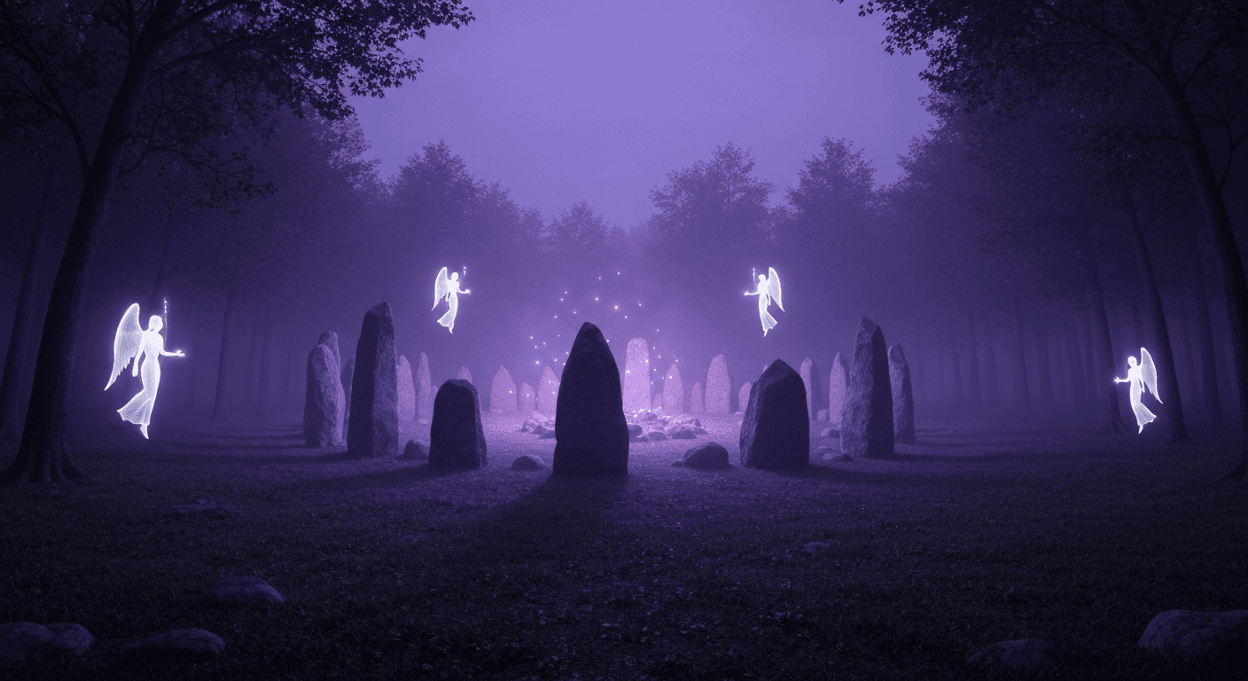 Ancient stone circle with glowing angelic figures. Ancient stone circle with glowing angelic figures.