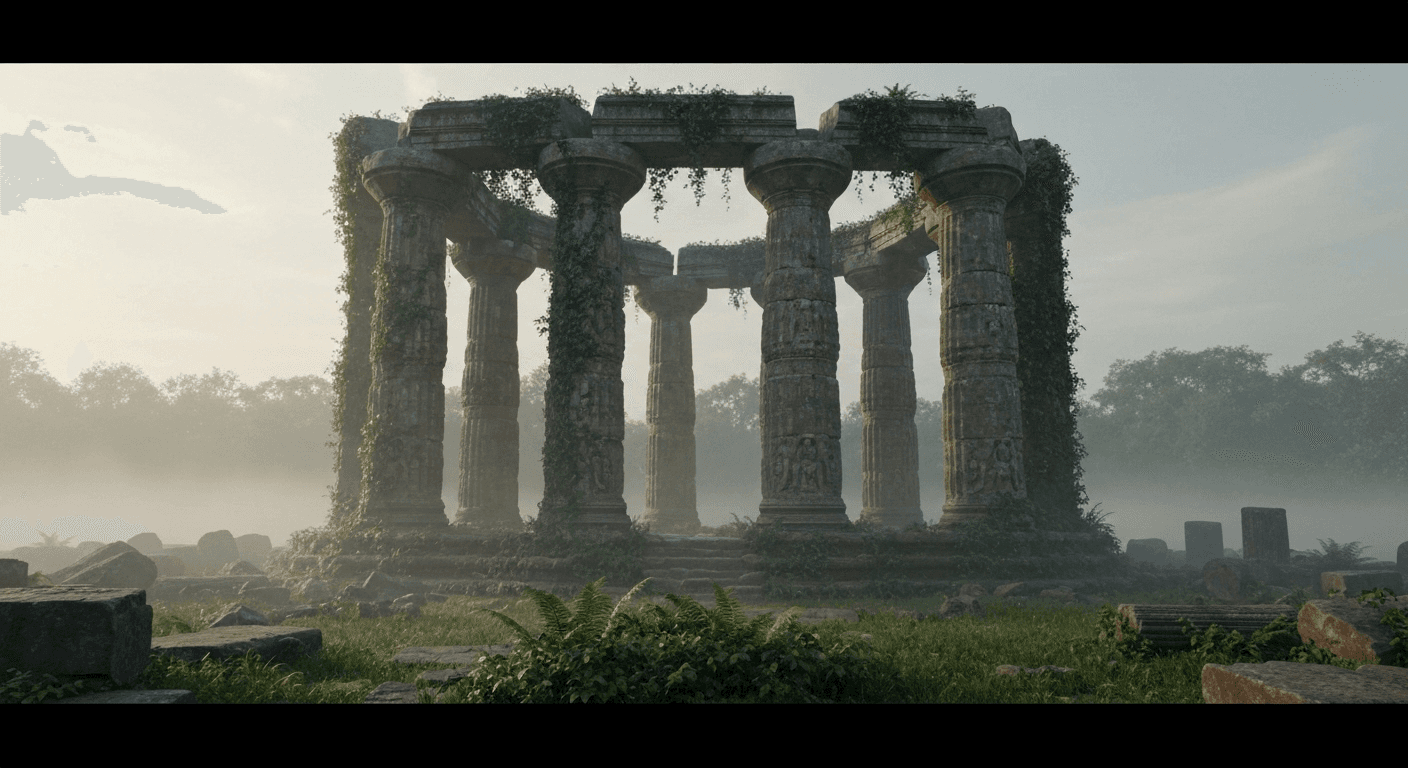 Ancient temple ruins with four massive pillars. Ancient temple ruins with four massive pillars.