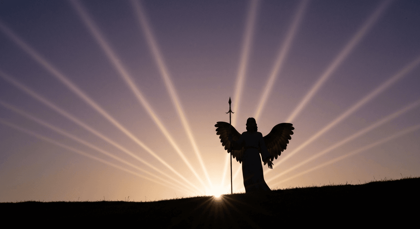 Angel silhouetted against twilight with prismatic beams. Angel silhouetted against twilight with prismatic beams.
