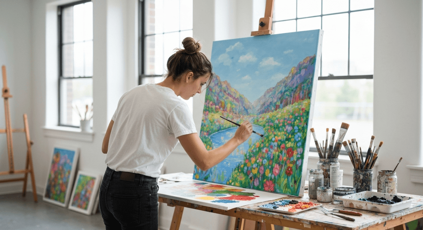 Artist painting intently in modern studio workspace. Artist painting intently in modern studio workspace.