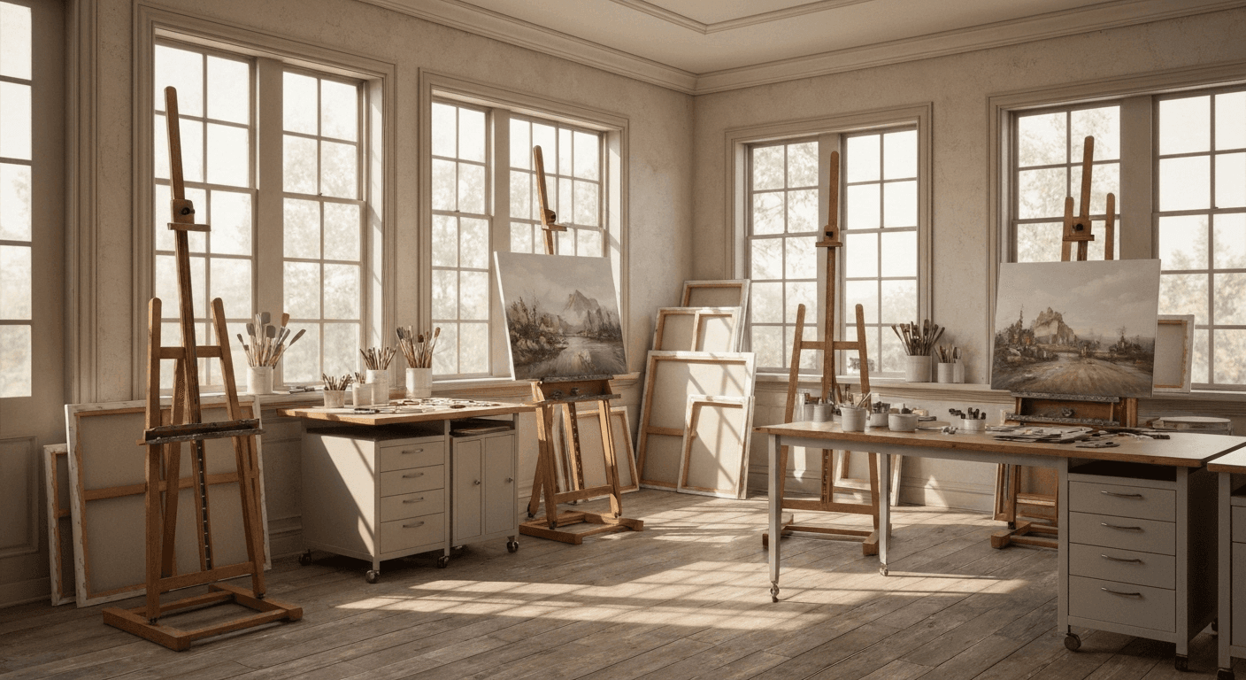 Artist's studio with easels, canvases, warm sunlight. Artist's studio with easels, canvases, warm sunlight.