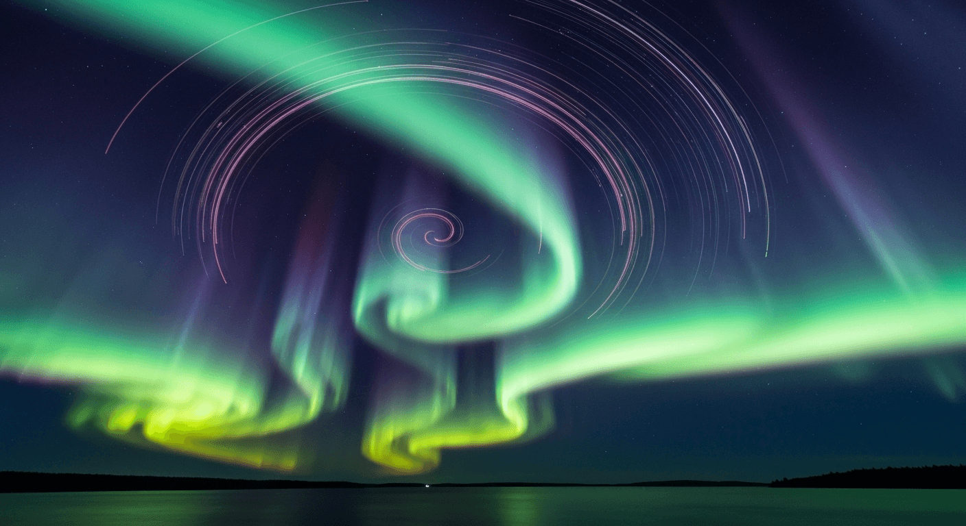 Aurora borealis spiral patterns above serene horizon. Aurora borealis spiral patterns above serene horizon.