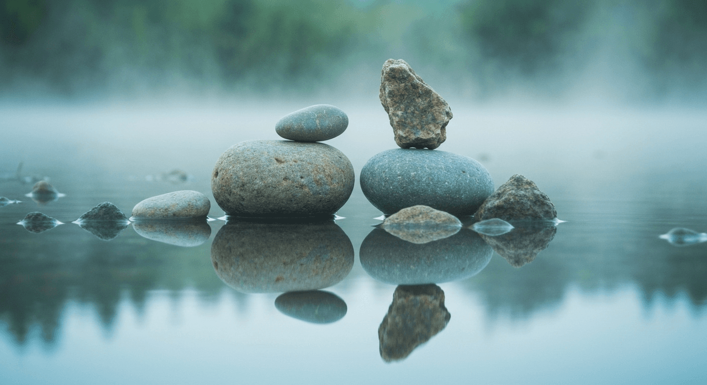 Balanced river stones reflected in still water. Balanced river stones reflected in still water.