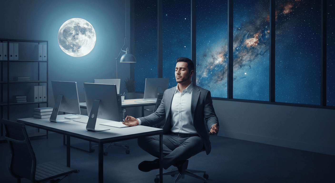 Business person meditating in moonlit office space. Business person meditating in moonlit office space.