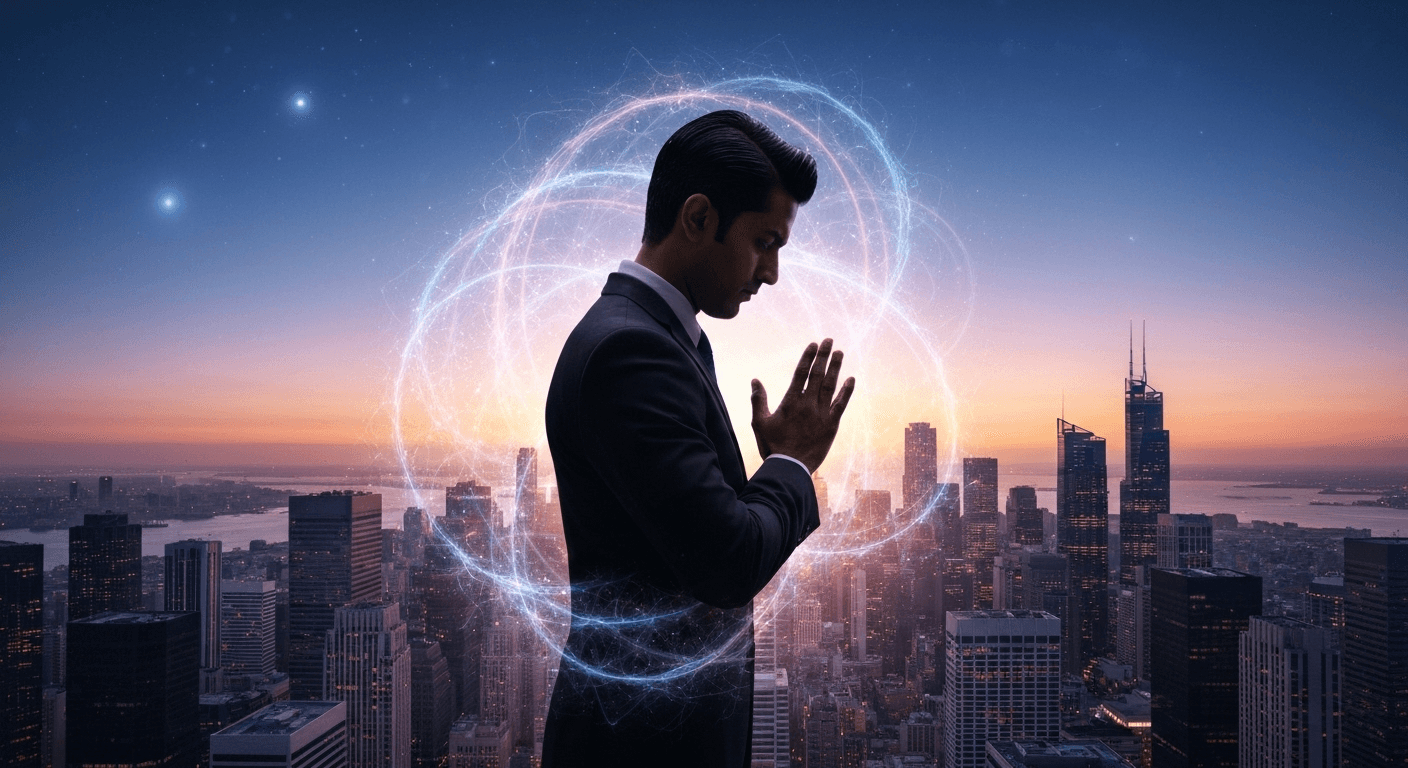 Businessman silhouetted against twilight city skyline glowing. Businessman silhouetted against twilight city skyline glowing.