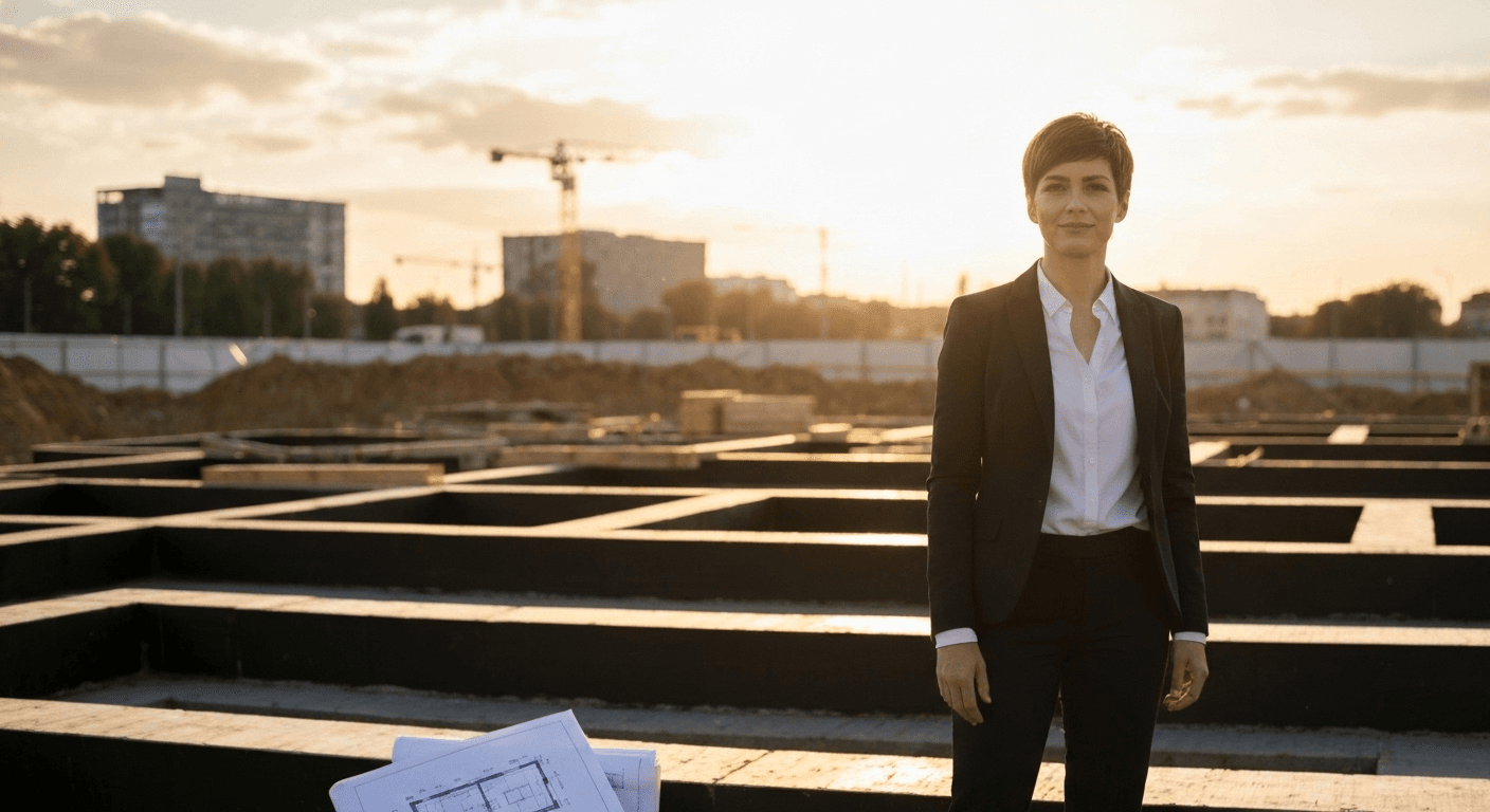 Businesswoman at construction site with blueprints, golden hour. Businesswoman at construction site with blueprints, golden hour.