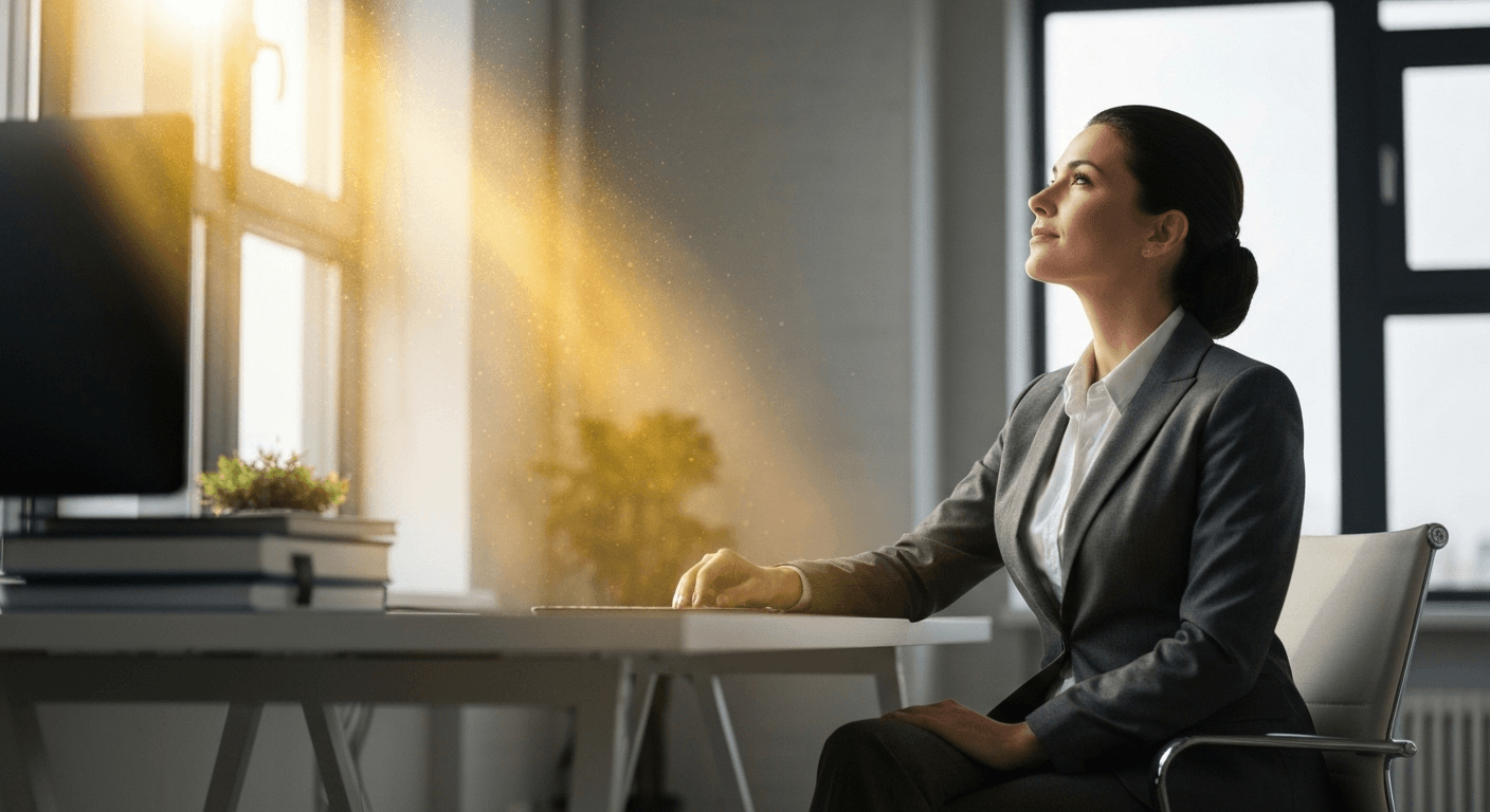Businesswoman in office looking at golden light. Businesswoman in office looking at golden light.