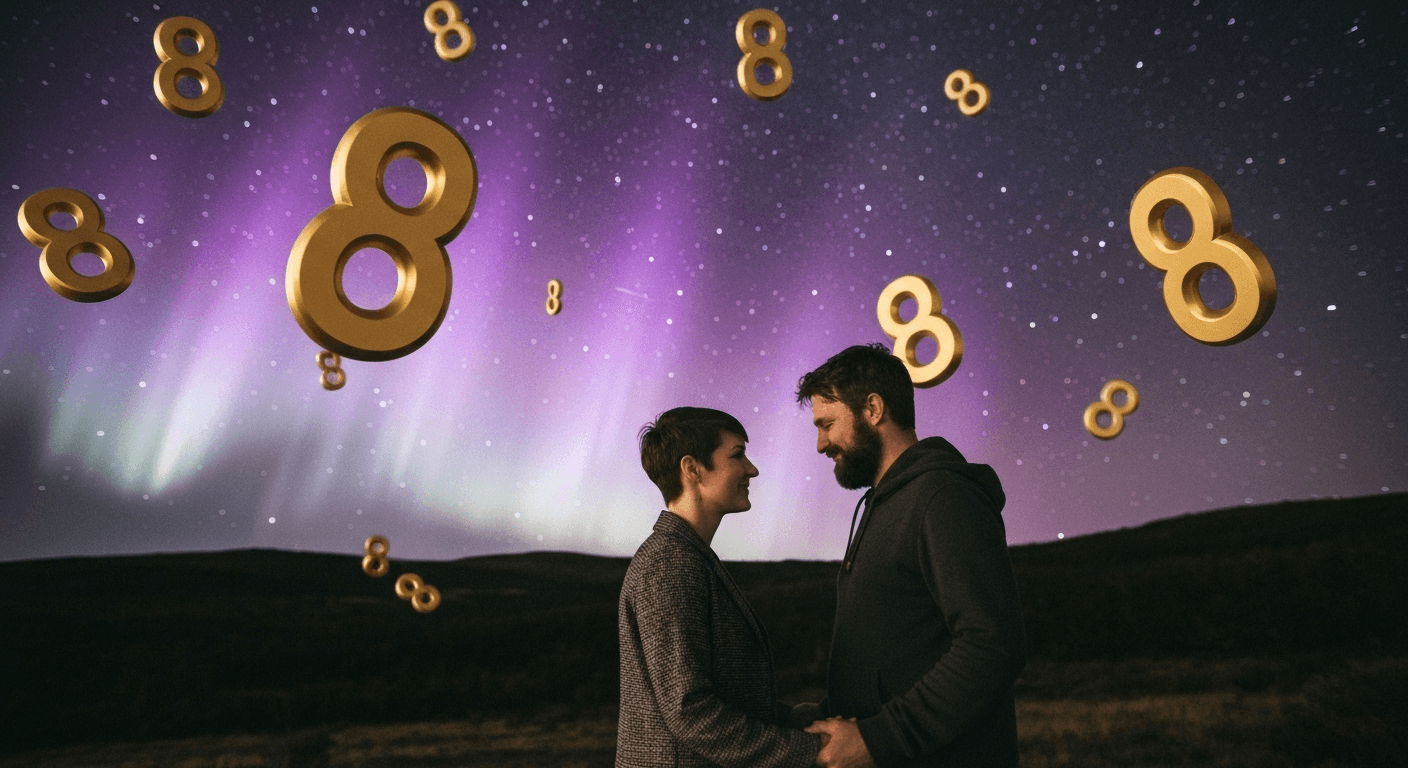 Couple holding hands under starlit sky with golden numerals. Couple holding hands under starlit sky with golden numerals.