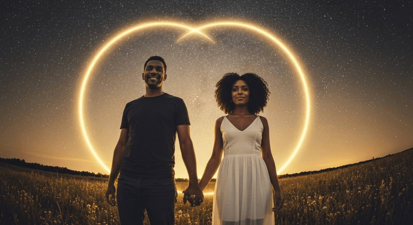 Couple holding hands under starlit sky together. Couple holding hands under starlit sky together.