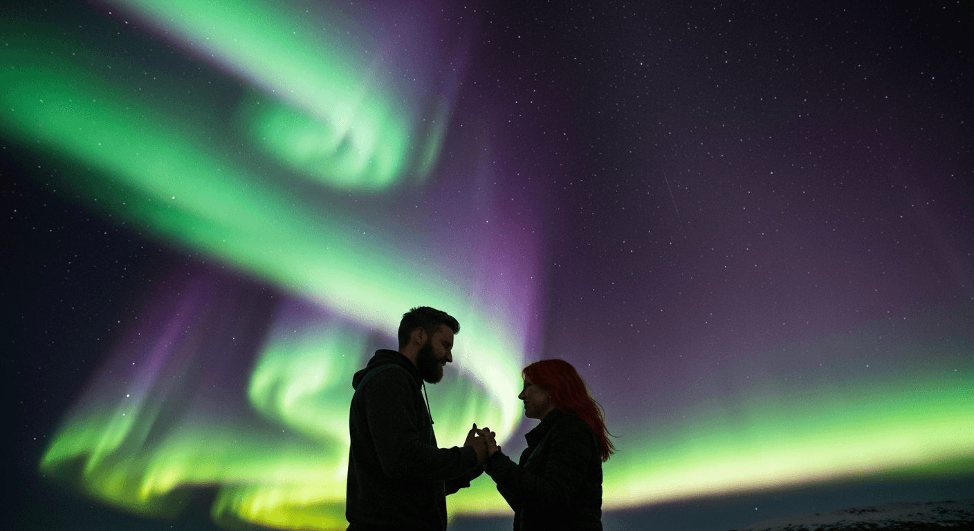 Couple silhouetted under dancing aurora borealis lights. Couple silhouetted under dancing aurora borealis lights.