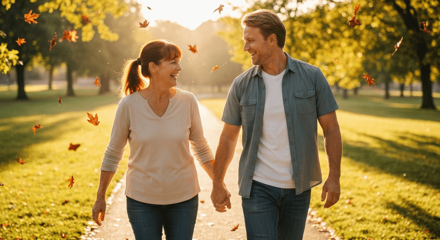 Couple walking hand-in-hand through sunlit autumn park. Couple walking hand-in-hand through sunlit autumn park.