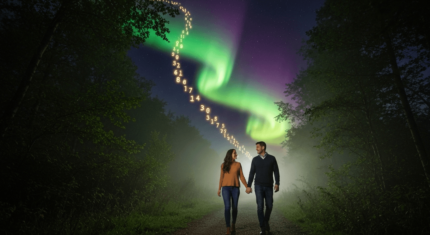 Couple walking misty woodland path with luminous numbers. Couple walking misty woodland path with luminous numbers.