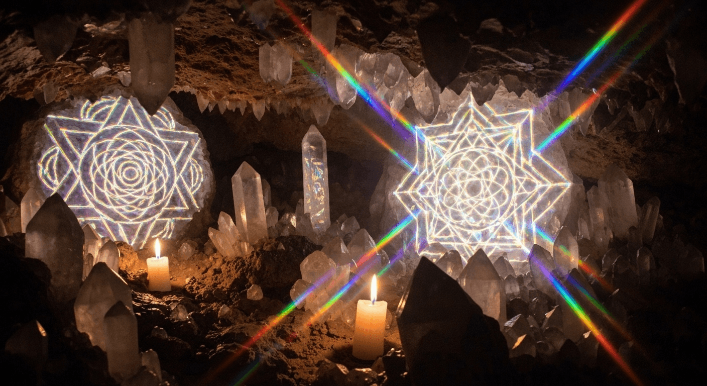 Crystal formations creating prismatic rainbow light patterns. Crystal formations creating prismatic rainbow light patterns.
