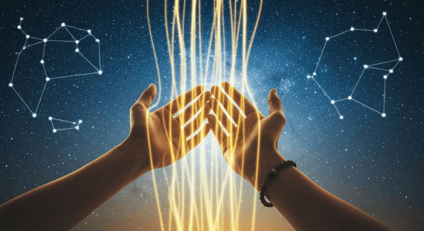 Cupped hands receiving golden light from starlit sky. Cupped hands receiving golden light from starlit sky.