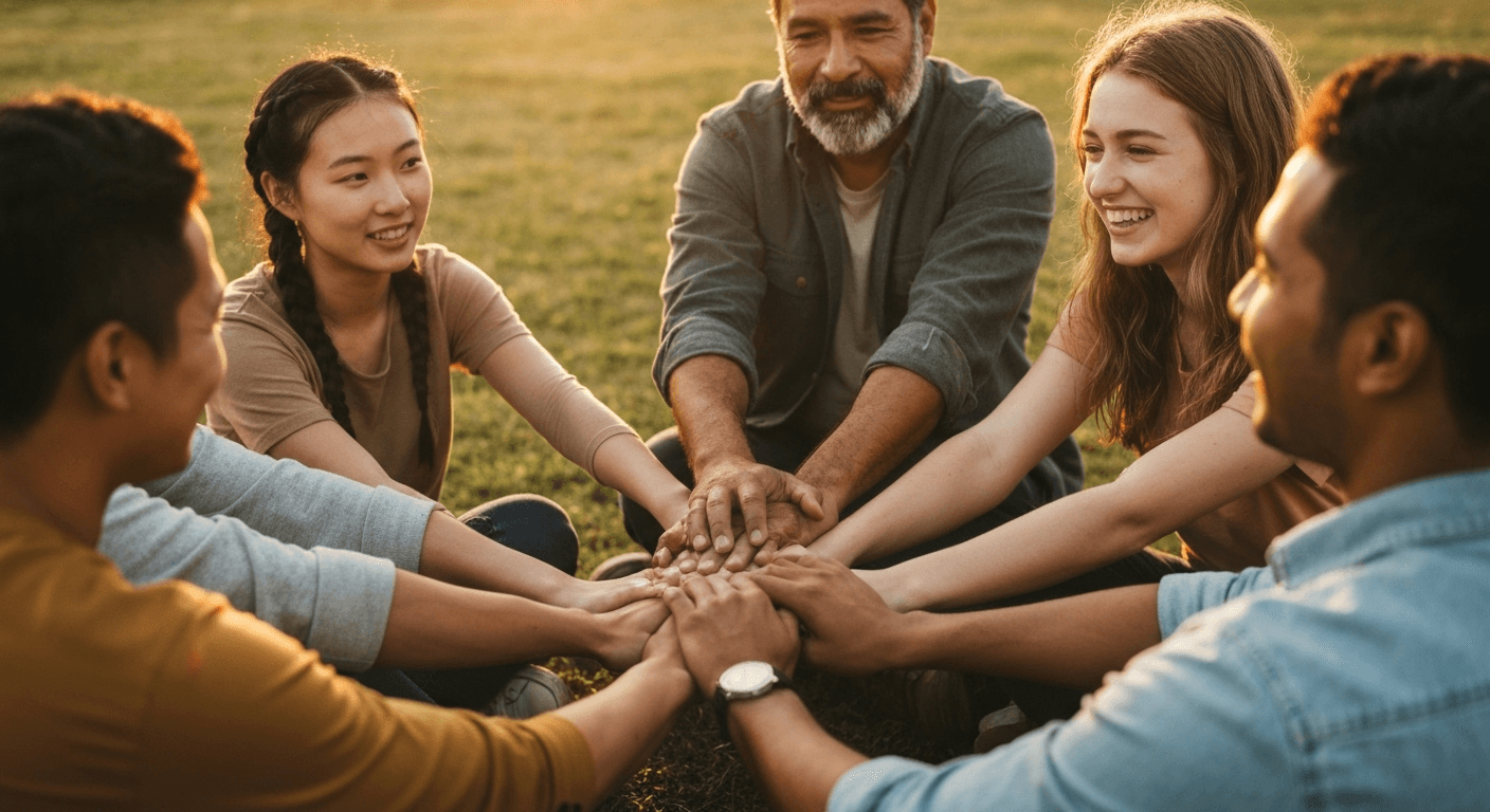 Friends sitting in circle holding hands outdoors. Friends sitting in circle holding hands outdoors.
