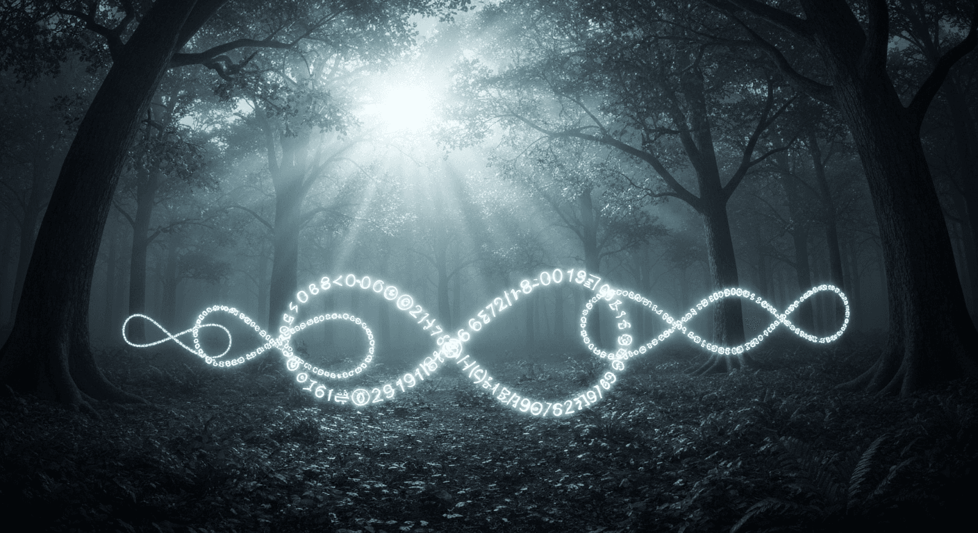 Glowing mathematical symbols spiraling through moonlit forest. Glowing mathematical symbols spiraling through moonlit forest.