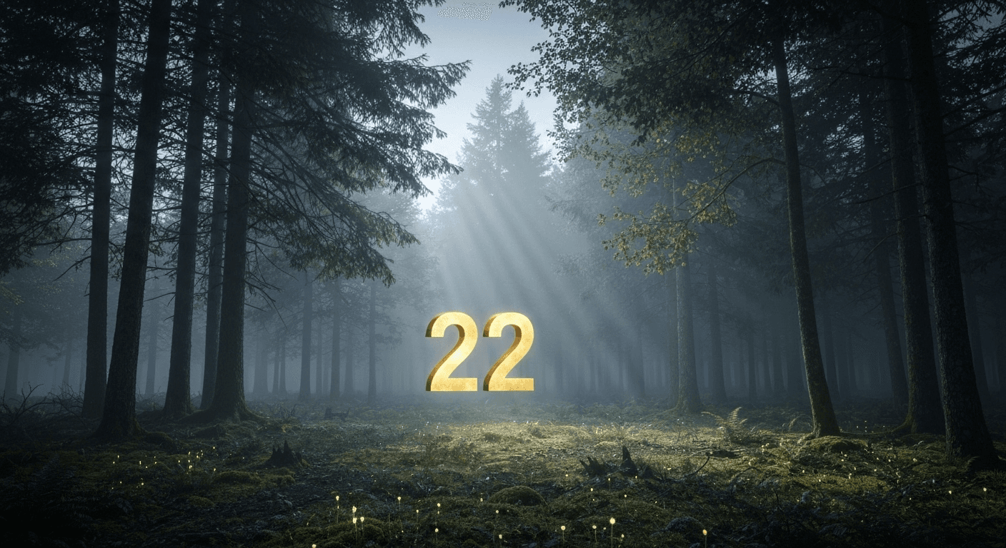 Golden "222" floating in misty forest clearing. Golden "222" floating in misty forest clearing.