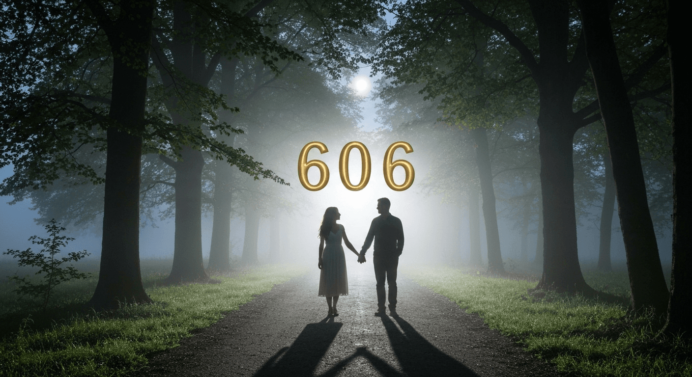 Golden numerals 606 floating above couple forest path. Golden numerals 606 floating above couple forest path.