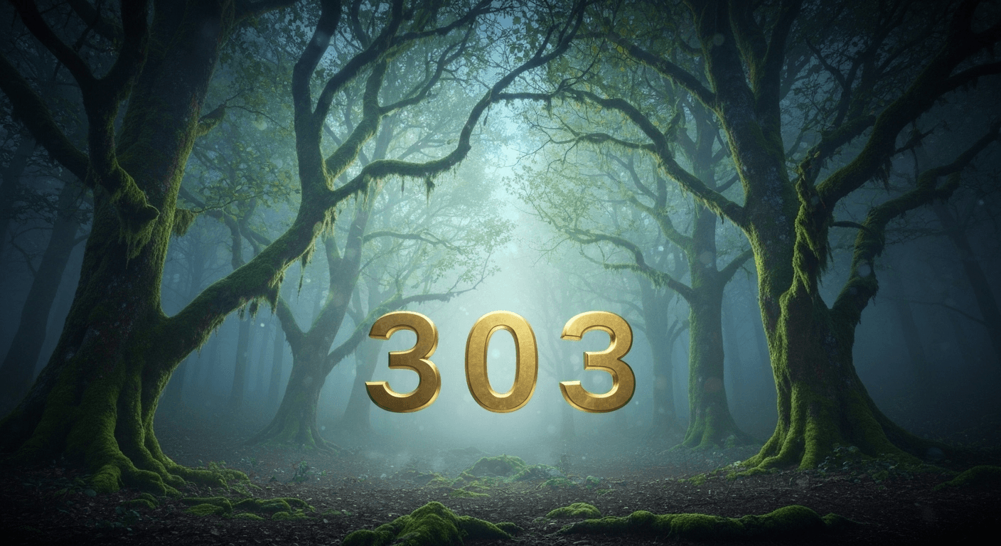 Golden numerals 303 floating in misty forest. Golden numerals 303 floating in misty forest.