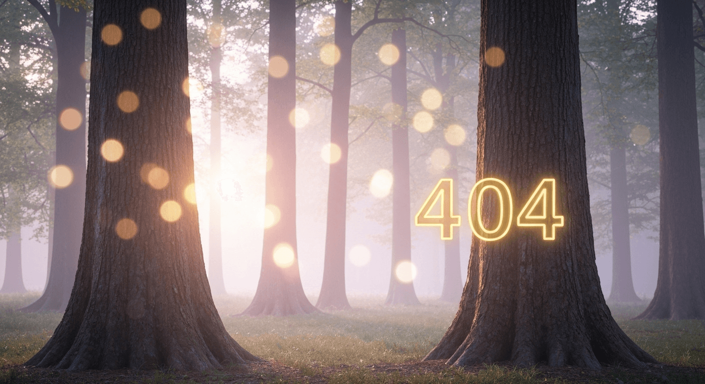 Golden 404 numerals glowing in misty forest Golden 404 numerals glowing in misty forest