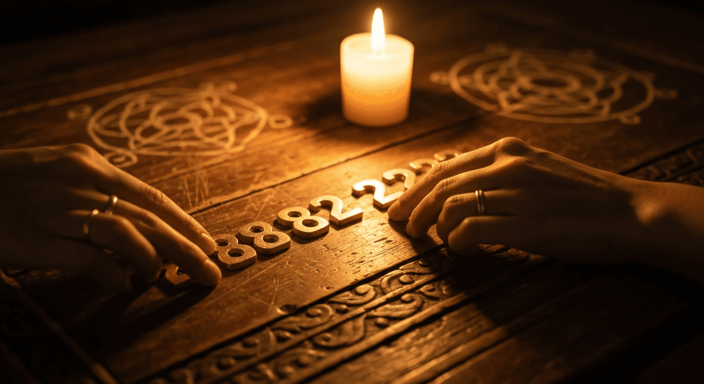 Hands arranging golden number tiles 888 222. Hands arranging golden number tiles 888 222.