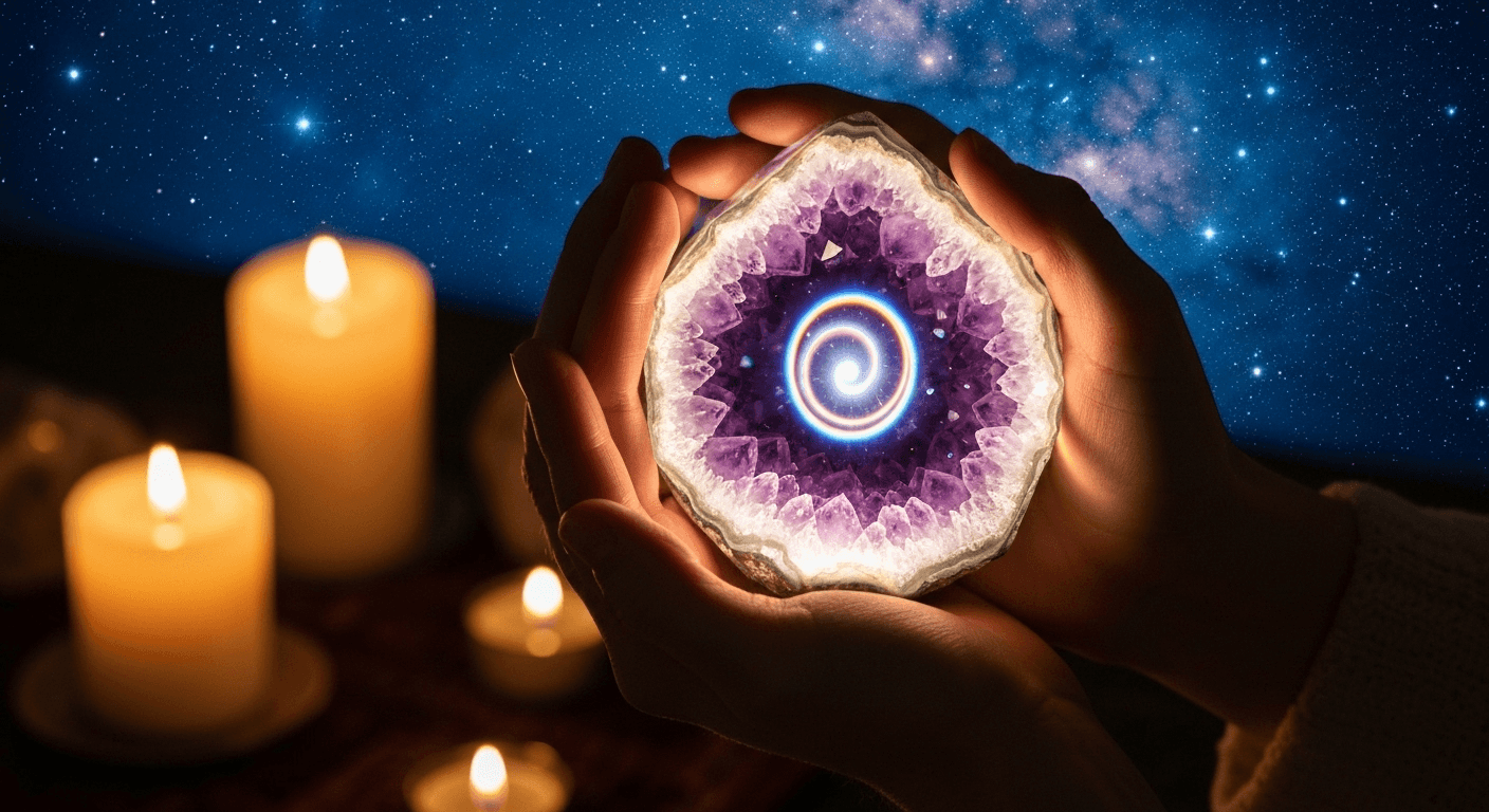 Hands cupping glowing crystal with prismatic light rays. Hands cupping glowing crystal with prismatic light rays.