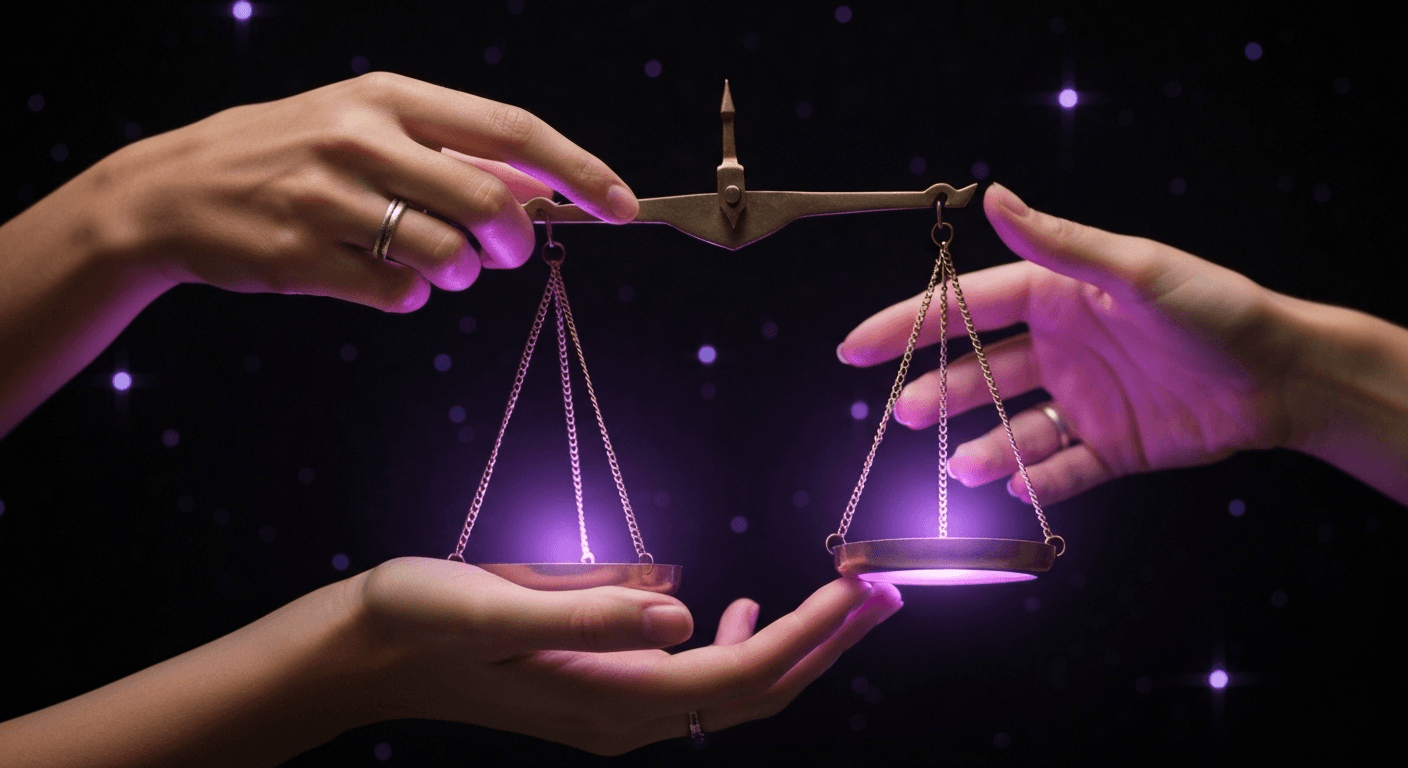 Hands holding glowing balanced scale against starry darkness. Hands holding glowing balanced scale against starry darkness.