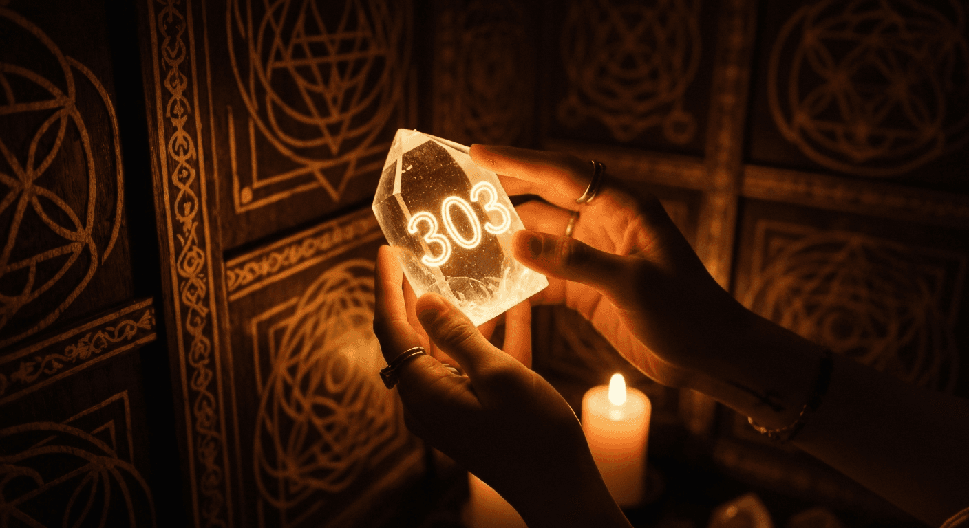 Hands holding glowing crystal showing "303" number. Hands holding glowing crystal showing "303" number.