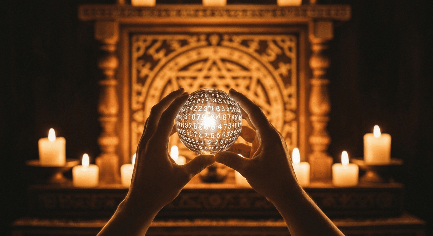 Hands holding glowing crystal with number sequences. Hands holding glowing crystal with number sequences.