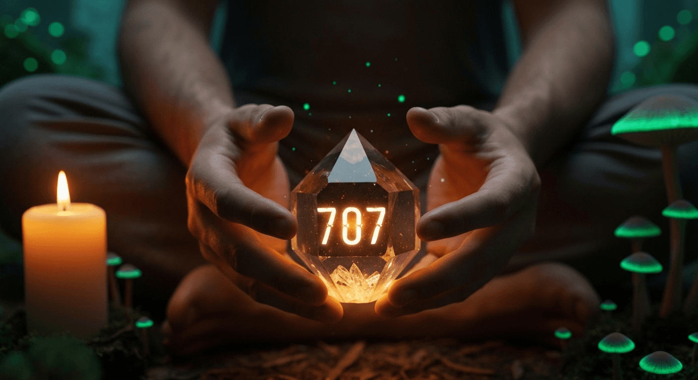 Hands holding glowing crystal with 707 numerals. Hands holding glowing crystal with 707 numerals.