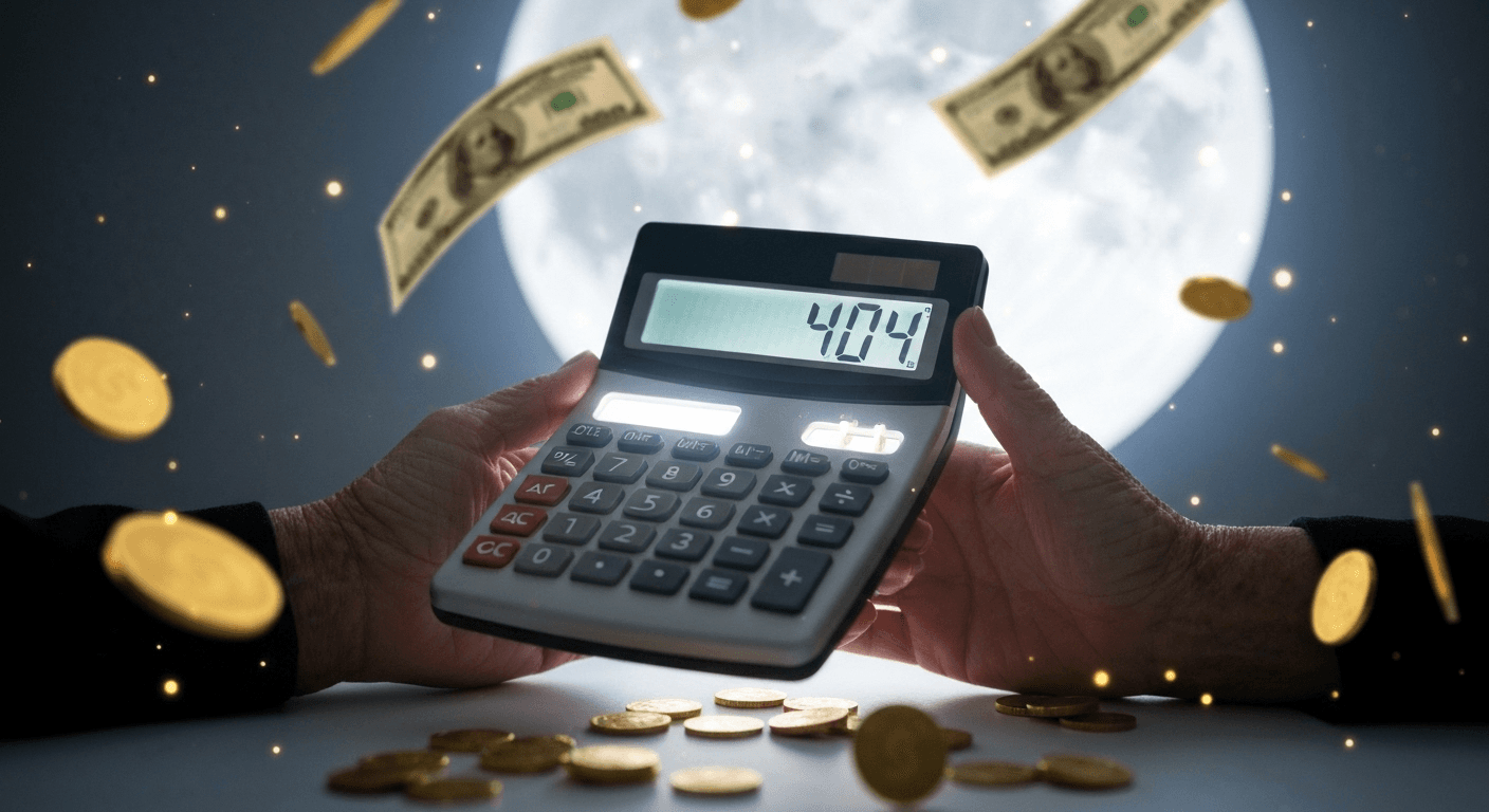 Hands holding glowing calculator with floating golden coins. Hands holding glowing calculator with floating golden coins.