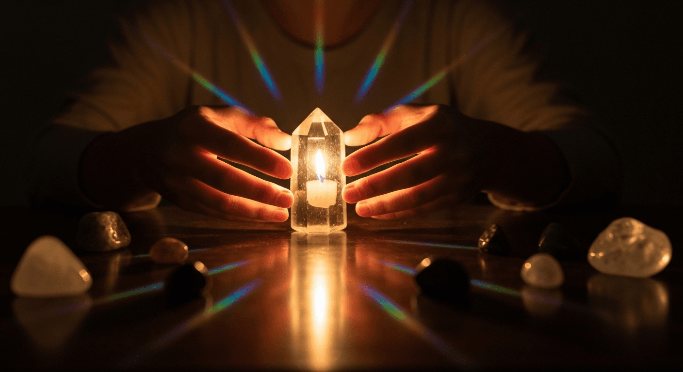 Hands holding illuminated crystal with angelic numbers. Hands holding illuminated crystal with angelic numbers.