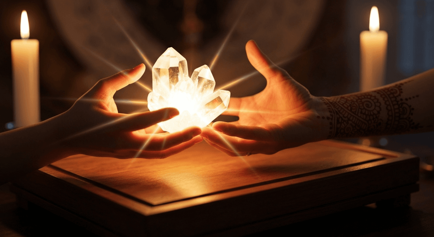 Hands holding luminescent crystal with prismatic light refractions. Hands holding luminescent crystal with prismatic light refractions.