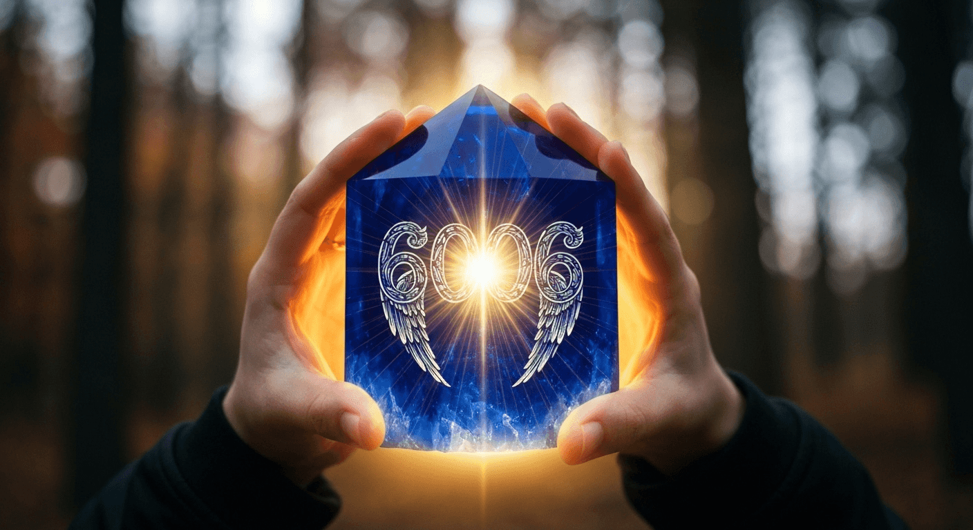Hands holding luminous crystal with "606" numerals. Hands holding luminous crystal with "606" numerals.