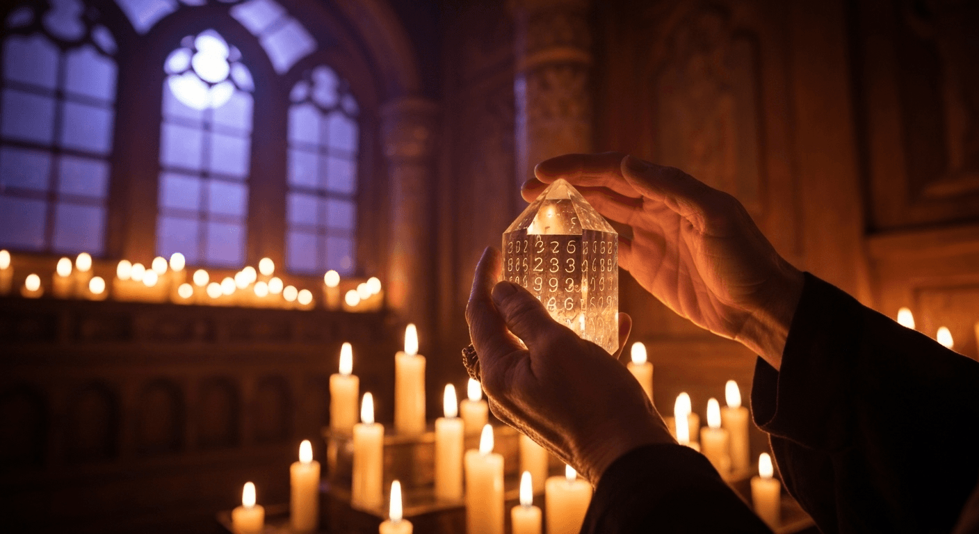 Hands holding luminous crystal with reflected numbers. Hands holding luminous crystal with reflected numbers.