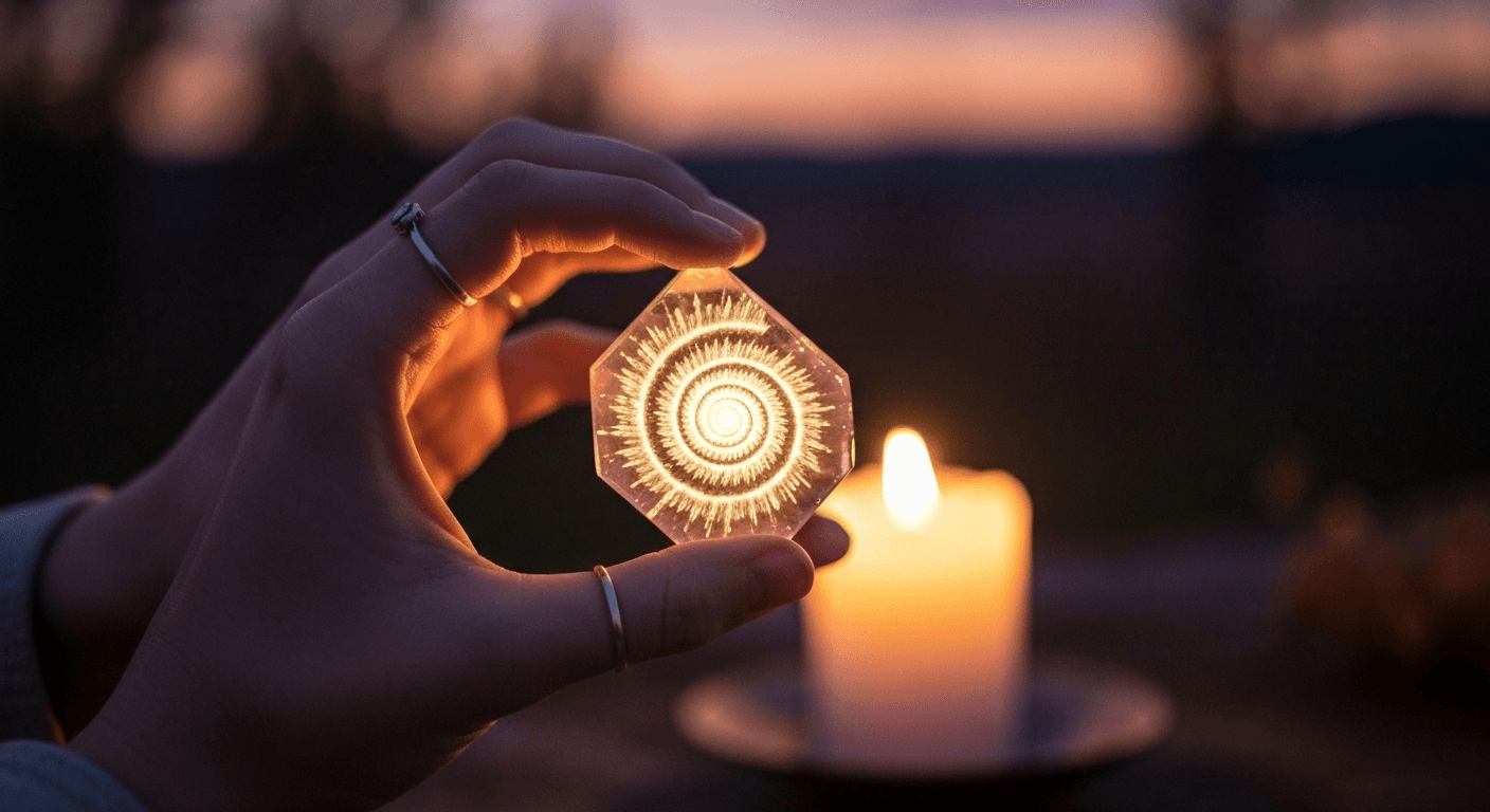 Hands holding luminous crystal with spiral patterns. Hands holding luminous crystal with spiral patterns.