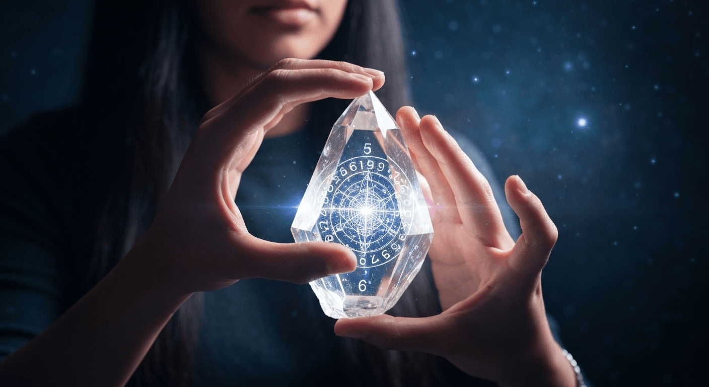 Hands holding luminous crystal with mathematical patterns. Hands holding luminous crystal with mathematical patterns.