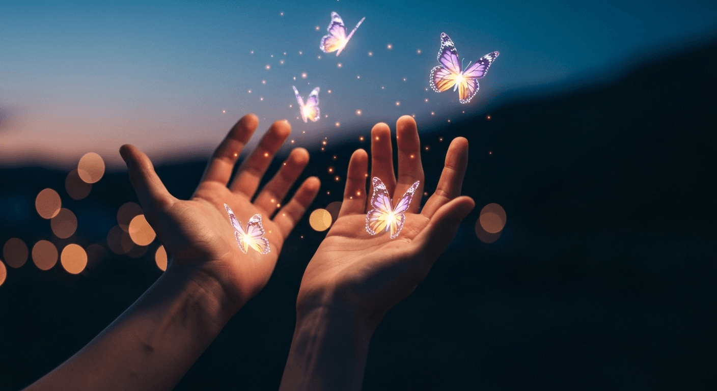 Hands releasing glowing butterflies into twilight air. Hands releasing glowing butterflies into twilight air.