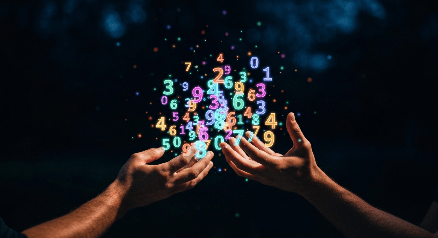 Hands releasing glowing numbers into dark air. Hands releasing glowing numbers into dark air.