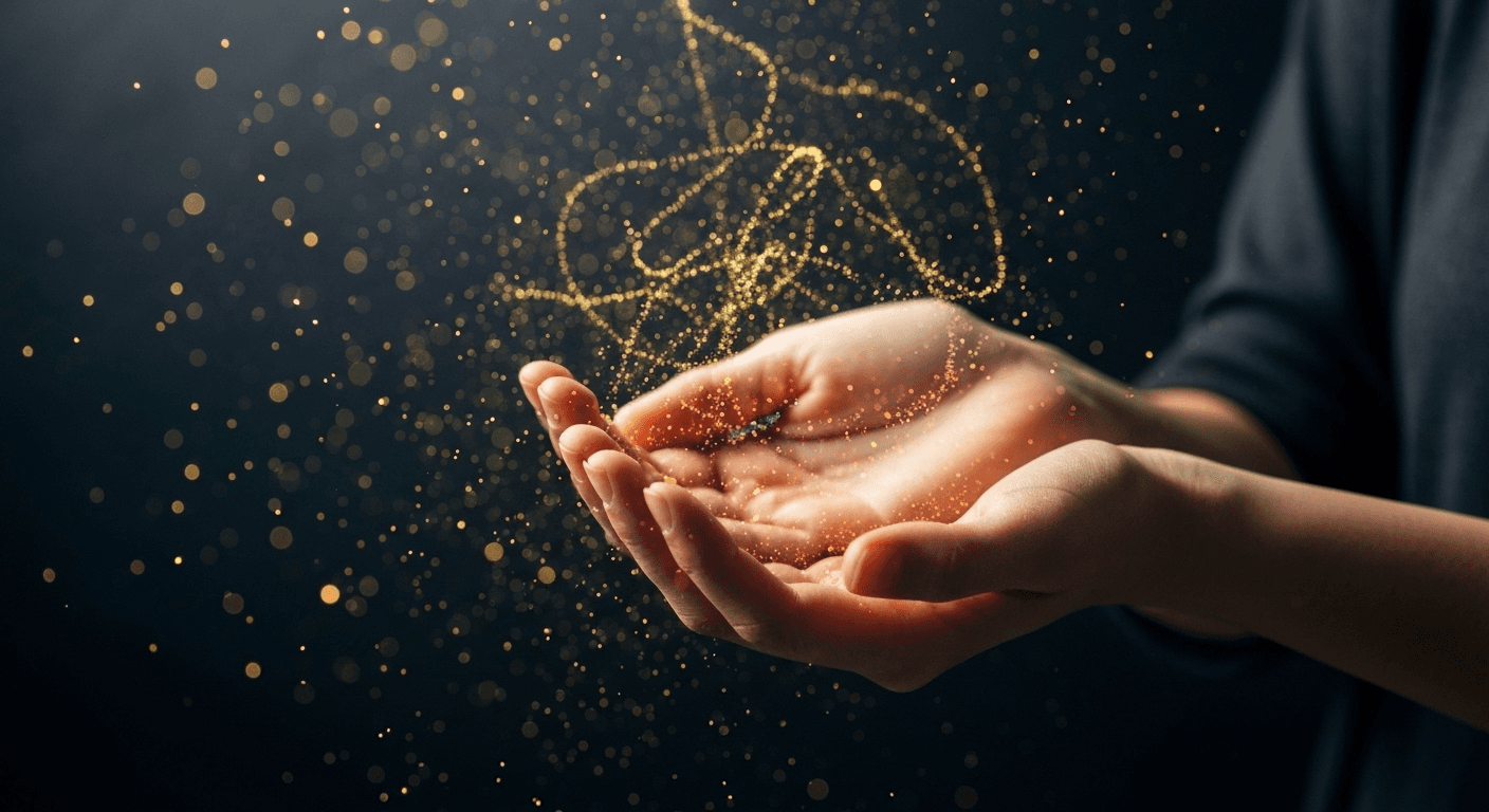 Hands releasing golden light particles, dark background. Hands releasing golden light particles, dark background.