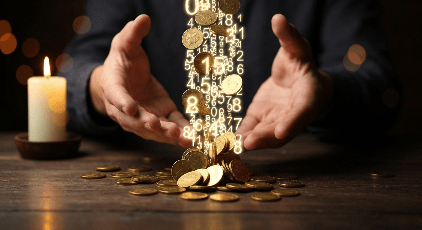 Hands releasing golden coins transforming into glowing numbers. Hands releasing golden coins transforming into glowing numbers.