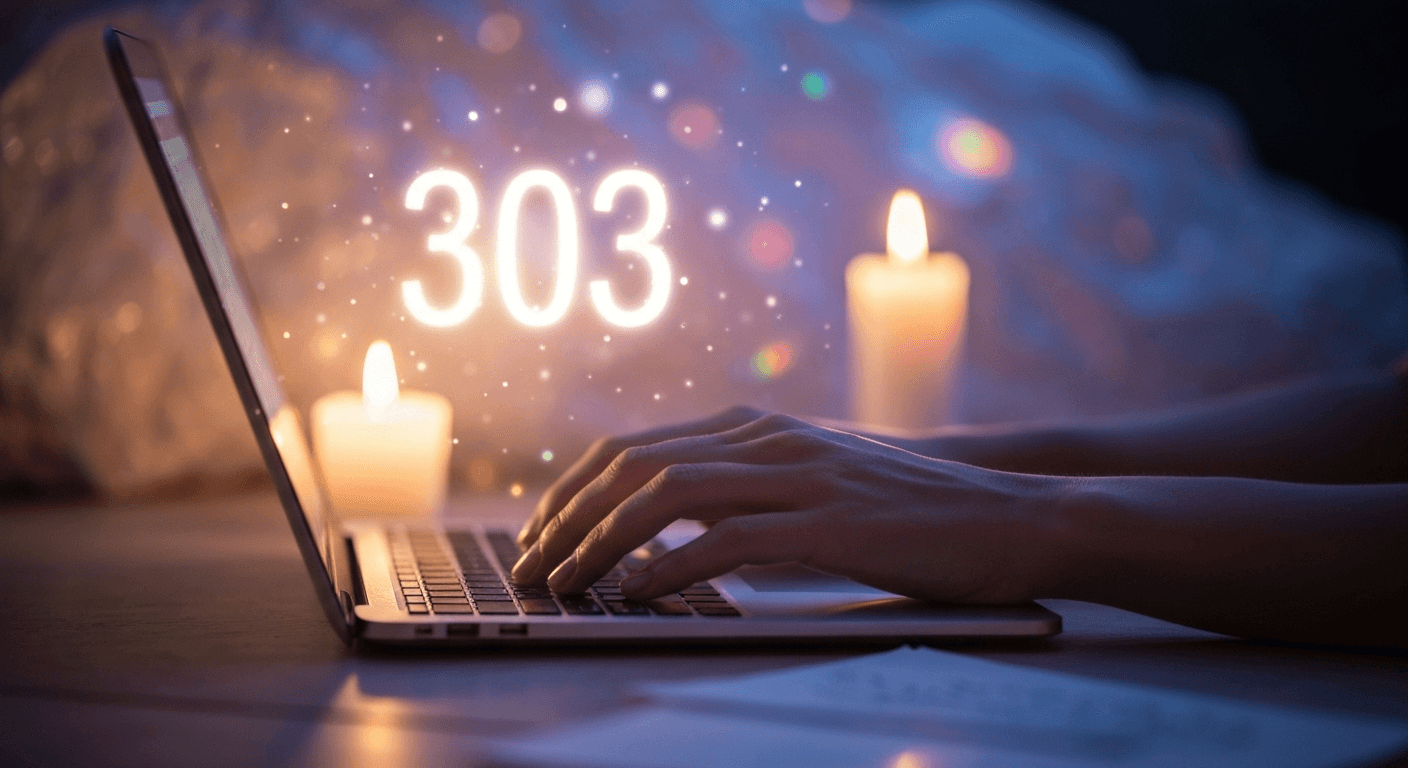 Hands typing laptop with glowing 303 number. Hands typing laptop with glowing 303 number.