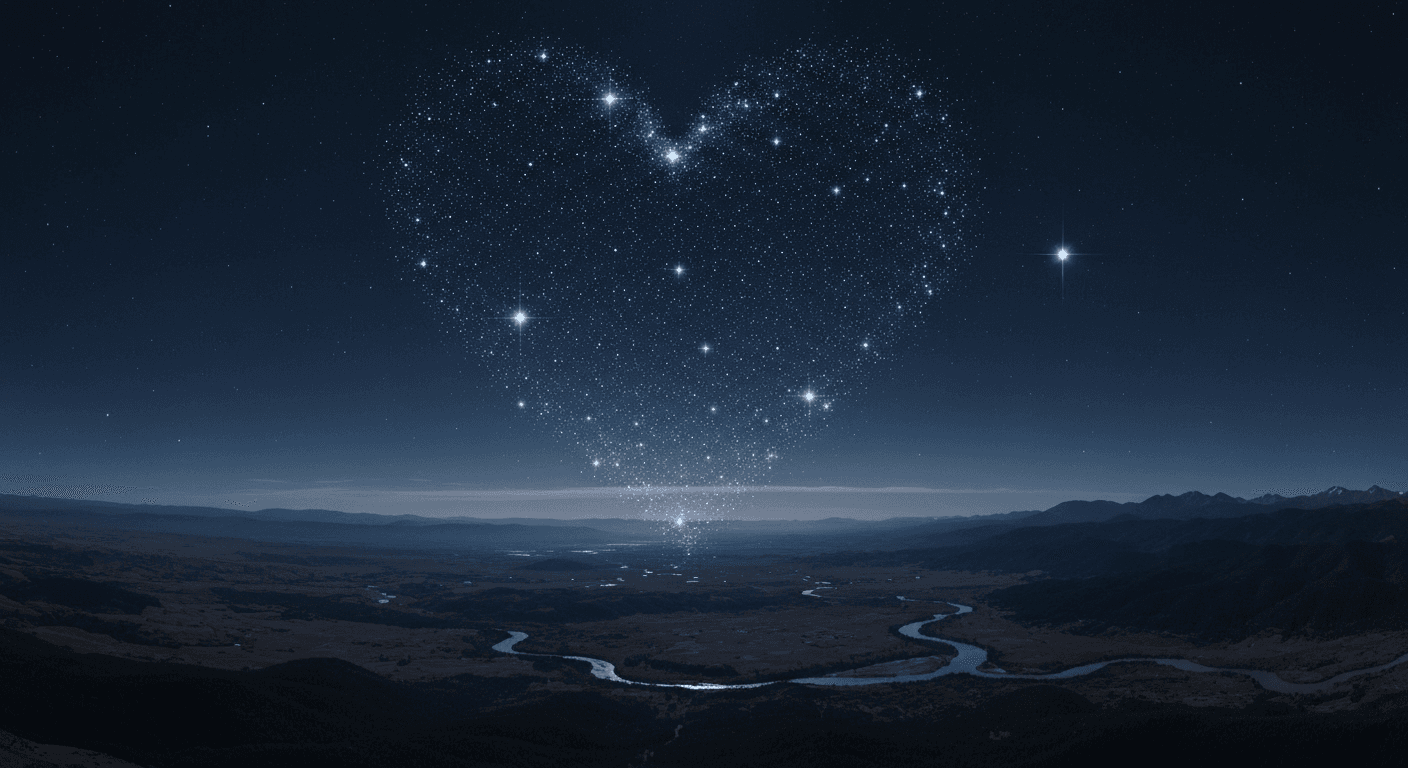 Heart-shaped constellation glowing in starry night sky. Heart-shaped constellation glowing in starry night sky.
