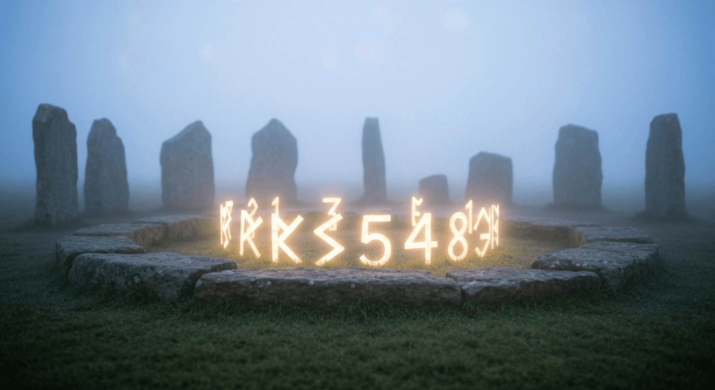 Illuminated numbers floating over ancient stone circle. Illuminated numbers floating over ancient stone circle.