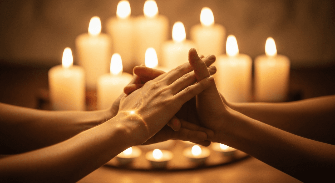 Intertwined hands with golden energy, candlelit background. Intertwined hands with golden energy, candlelit background.