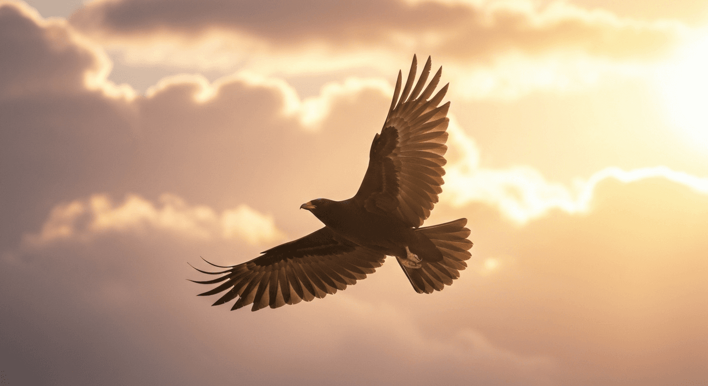 Majestic bird soaring through golden sunset clouds. Majestic bird soaring through golden sunset clouds.