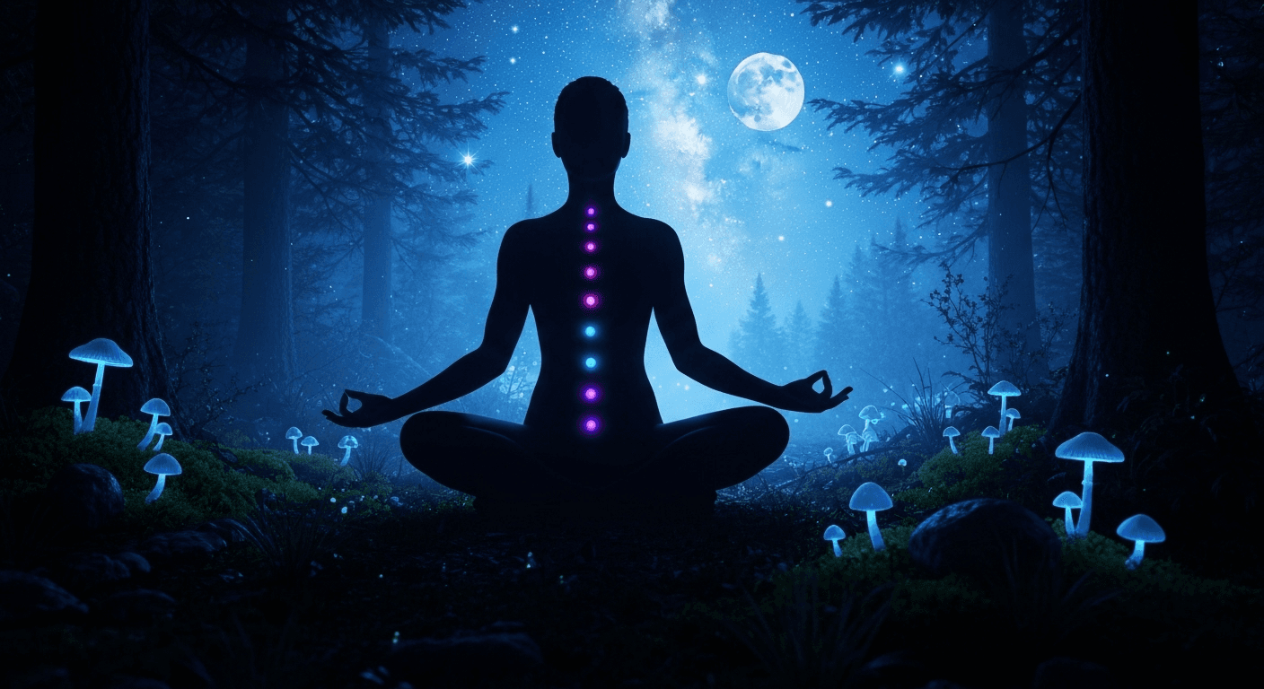 Meditation silhouette with glowing chakras in moonlit forest. Meditation silhouette with glowing chakras in moonlit forest.