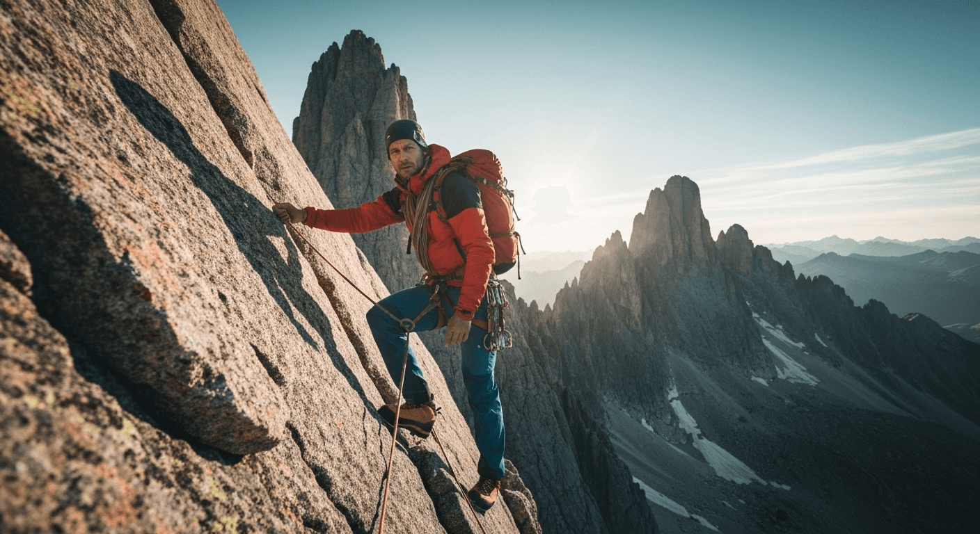 Mountain climber ascending steep rocky peak at dawn. Mountain climber ascending steep rocky peak at dawn.